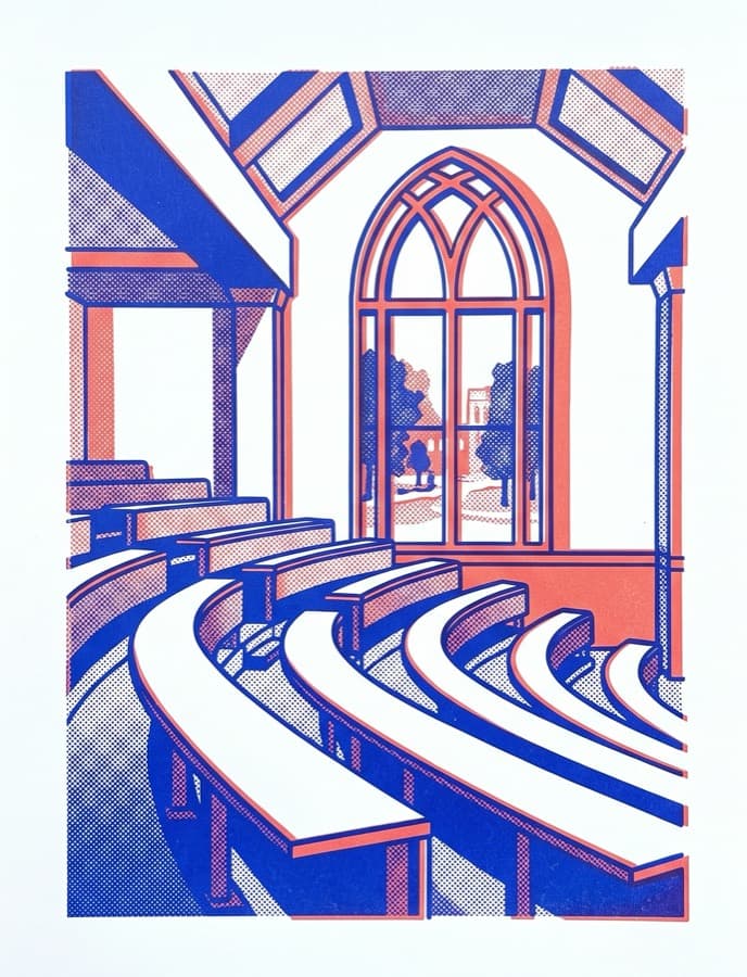 Risograph print of a university lecture hall